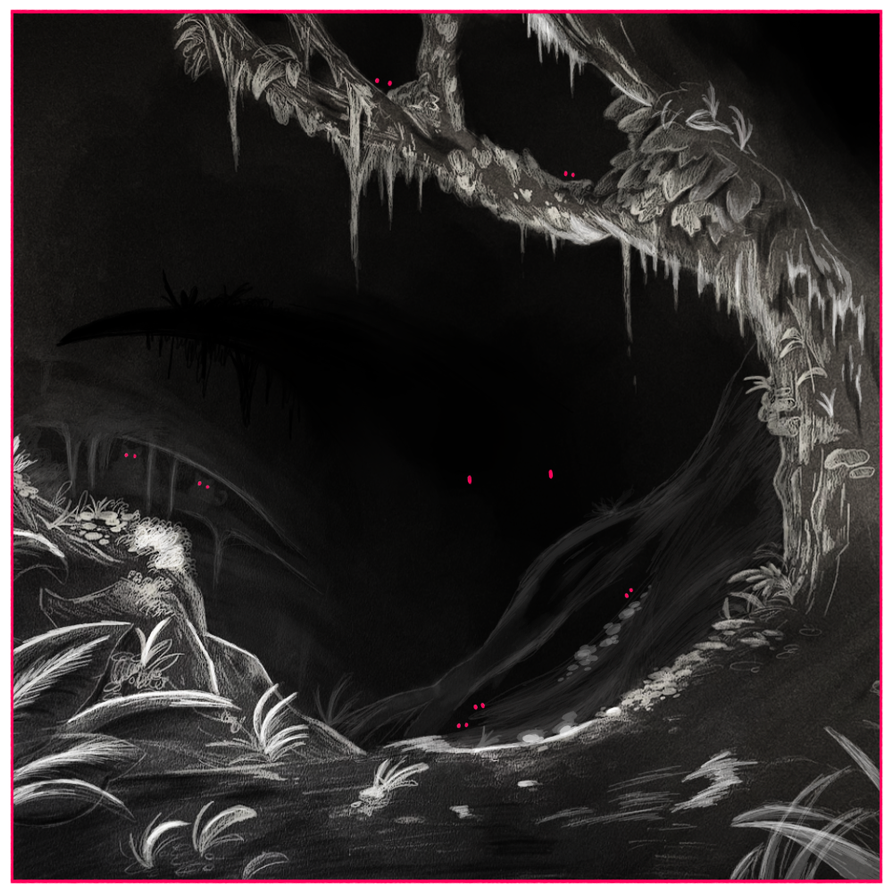 Mostly black and white illustration of a spooky curved tree. Pairs of red eyes dot the background.