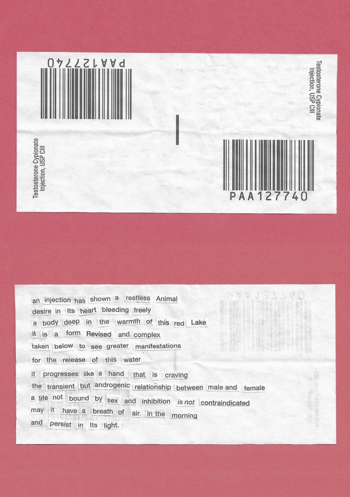 Two pieces on top of a light red background. The top piece is a barcode that says Testosterone Cypionate Injection, USP CIII. The bottom piece has individual words cut out and placed in order. Text reads, an injection has shown a restless Animal desire in its heart bleeding freely a body deep in the warmth of this red Lake it is a form Revised and complex taken below to see greater manifestations for the release of this water it progresses like a hand that is craving the transient but androgenic relationship between male and female a life not bound by sex and inhibition is not contraindicated may it have a breath of air. in the morning and persist in its light.