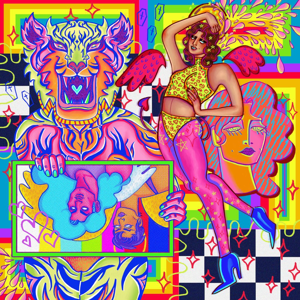 A colorful illustration with various rainbow and checkerboard backgrounds. There is an animal holding an upside down photo of two people and a person posing wearing a leopard print outfit, pink panty hose, and blue heels.