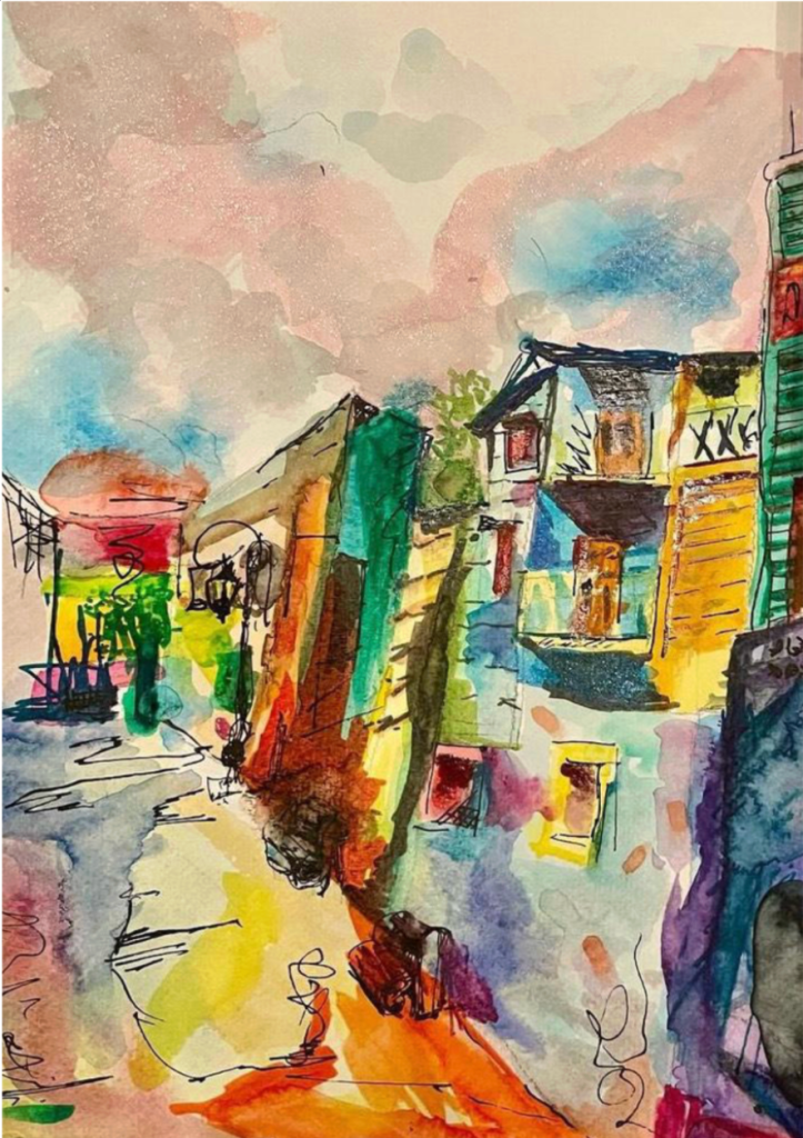 A watercolor piece looking down one side of an empty street with buildings very close together.